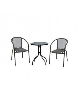 WOODWELL BALENO Set Κήπου - Βεράντας: Τραπέζι + 2 Πολυθρόνες Μέταλλο Μαύρο - Textilene Γκρι Table:Φ60x70 Armchair:53x58x77 Ε240,5