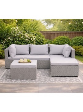 WOODWELL CORNER Set Wicker, Γωνία με Σκαμπό, Απόχρωση Ανοιχτό Γκρι Αναστρέψιμη Γωνία  202x142x74 H.63 -Σκ.68x64x38cm Ε6628,1