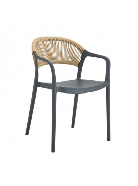 WOODWELL Ε3150,4DONNA Πολυθρόνα Στοιβαζόμενη, PP-UV Ανθρακί, Rope Wicker Φυσικό 57x55x79cm Ε3150,4