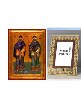 Εικόνα Ορθοδοξίας Πολυτελείας  με  σχεδιο Σταυρούς μαζι με  Βάση σε  8 χρώματα με περίγραμμα χρυσό σε ξύλο Plywood (Πλακάζ)   με  βάση Εικόνα Άγιοι Ανάργυροι Χειροποίητη Ελληνορθόδοξη , Κρεμαστή πλάκα βυζαντινής τέχνης, χριστιανική τέχνη Διάσταση 10x7 cm 