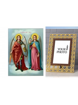 Σετ των 2 Εικόνα Ορθοδοξίας Πολυτελείας  με  σχεδιο Σταυρούς μαζι με  Βάση σε  8 χρώματα με περίγραμμα χρυσό σε ξύλο Plywood (Πλακάζ)   με  βάση Εικόνα Σύναξη Αρχαγγέλων Μιχαήλ και Γαβριήλ Χειροποίητη Ελληνορθόδοξη , Κρεμαστή πλάκα βυζαντινής τέχνης, χρισ