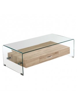 WOODWELL ΕΜ738GLASSER Wood Τραπεζάκι Σαλονιού Γυαλί 12mm - Ράφι με Συρτάρι Απόχρωση Δρυς 110x55x35cm ΕΜ738