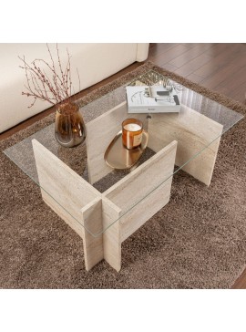 Τραπεζάκι σαλονιού Vetrino Megapap γυάλινο χρώμα travertine 105x65x40εκ.