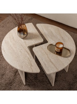 Τραπεζάκι σαλονιού σετ 2 τμχ Moira Megapap χρώμα travertine Ø90x41εκ.