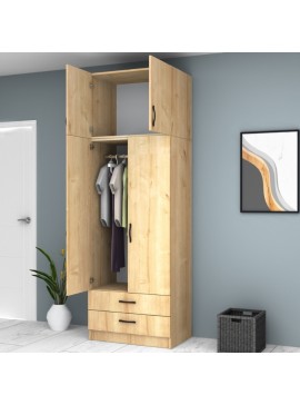 Ντουλάπα ρούχων Ricardo Megapap δίφυλλη με πατάρι και συρτάρια χρώμα φυσικό οξιάς 80x51,8x240εκ.