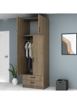 Ντουλάπα ρούχων Ricardo Megapap δίφυλλη με πατάρι και συρτάρια χρώμα καρυδί 80x51,8x240εκ.