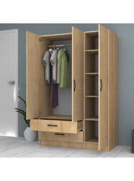 Ντουλάπα ρούχων Ricardo Megapap τρίφυλλη με συρτάρια χρώμα φυσικό οξιάς 120x51,8x181εκ.