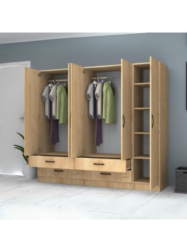 Ντουλάπα ρούχων Ricardo Megapap πεντάφυλλη με συρτάρια χρώμα φυσικό οξιάς 200x51,8x181εκ.