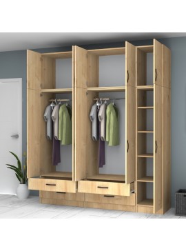 Ντουλάπα ρούχων Ricardo Megapap πεντάφυλλη με πατάρι και συρτάρια χρώμα φυσικό οξιάς 200x51,8x240εκ.