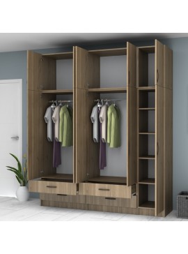 Ντουλάπα ρούχων Ricardo Megapap πεντάφυλλη με πατάρι και συρτάρια χρώμα καρυδί 200x51,8x240εκ.