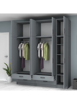 Ντουλάπα ρούχων Ricardo Megapap πεντάφυλλη με πατάρι και συρτάρια χρώμα ανθρακί 200x51,8x240εκ.