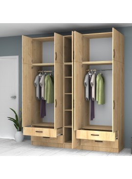 Ντουλάπα ρούχων Ricardo Megapap πεντάφυλλη με πατάρι και συρτάρια χρώμα φυσικό οξιάς 200x51,8x240εκ.