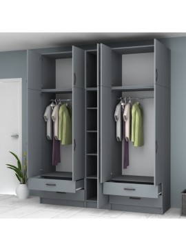 Ντουλάπα ρούχων Ricardo Megapap πεντάφυλλη με πατάρι και συρτάρια χρώμα ανθρακί 200x51,8x240εκ.