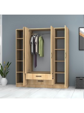 Ντουλάπα ρούχων Ricardo Megapap τετράφυλλη με συρτάρια χρώμα φυσικό οξιάς 160x51,8x181εκ.