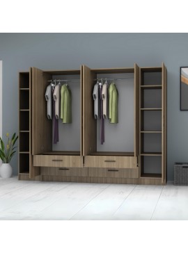 Ντουλάπα ρούχων Ricardo Megapap εξάφυλλη με συρτάρια χρώμα καρυδί 240x51,8x181εκ.