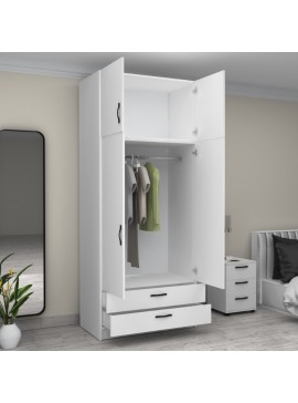 Ντουλάπα ρούχων Victoria Megapap δίφυλλη με πατάρι και συρτάρια χρώμα λευκό 100x60x240εκ.