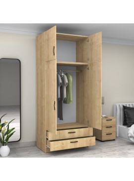 Ντουλάπα ρούχων Victoria Megapap δίφυλλη με πατάρι και συρτάρια χρώμα φυσικό οξιάς 100x60x240εκ.