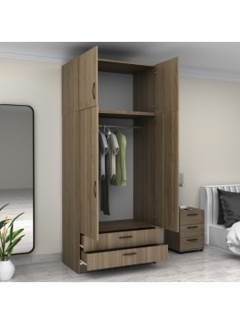 Ντουλάπα ρούχων Victoria Megapap δίφυλλη με πατάρι και συρτάρια χρώμα καρυδί 100x60x240εκ.