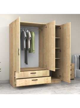 Ντουλάπα ρούχων Victoria Megapap τρίφυλλη με συρτάρια χρώμα φυσικό οξιάς 150x60x181εκ.