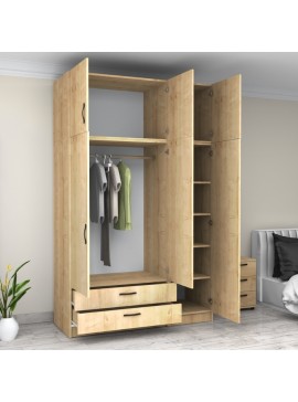 Ντουλάπα ρούχων Victoria Megapap τρίφυλλη με πατάρι και συρτάρια χρώμα φυσικό οξιάς 150x60x240εκ.