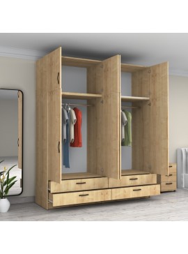 Ντουλάπα ρούχων Victoria Megapap τετράφυλλη με πατάρι και συρτάρια χρώμα φυσικό οξιάς 200x60x240εκ.