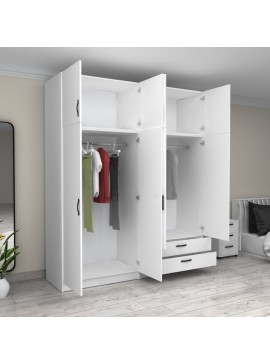 Ντουλάπα ρούχων Victoria Megapap τετράφυλλη με πατάρι και συρτάρια χρώμα λευκό 200x60x240εκ.