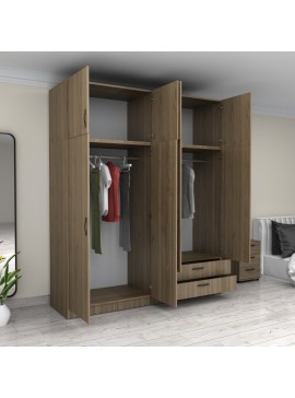 Ντουλάπα ρούχων Victoria Megapap τετράφυλλη με πατάρι και συρτάρια χρώμα καρυδί 200x60x240εκ.