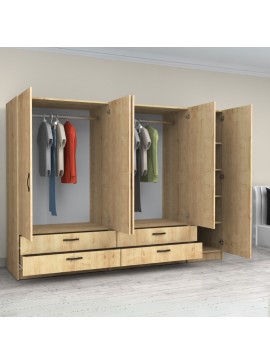 Ντουλάπα ρούχων Victoria Megapap πεντάφυλλη με συρτάρια χρώμα φυσικό οξιάς 250x60x181εκ.