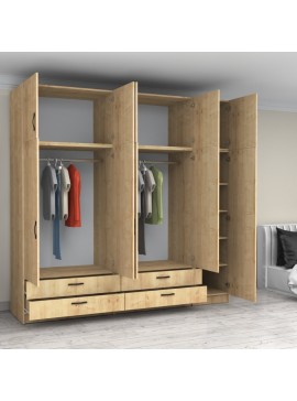 Ντουλάπα ρούχων Victoria Megapap πεντάφυλλη με πατάρι και συρτάρια χρώμα φυσικό οξιάς 250x60x240εκ.