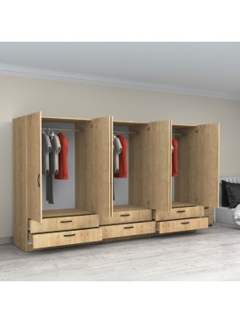 Ντουλάπα ρούχων Victoria Megapap εξάφυλλη με συρτάρια χρώμα φυσικό οξιάς 300x60x181εκ.