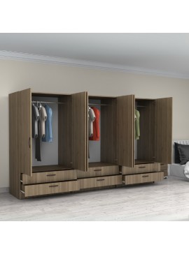 Ντουλάπα ρούχων Victoria Megapap εξάφυλλη με συρτάρια χρώμα καρυδί 300x60x181εκ.