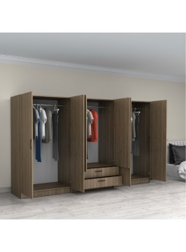 Ντουλάπα ρούχων Victoria Megapap εξάφυλλη με συρτάρια χρώμα καρυδί 300x60x181εκ.