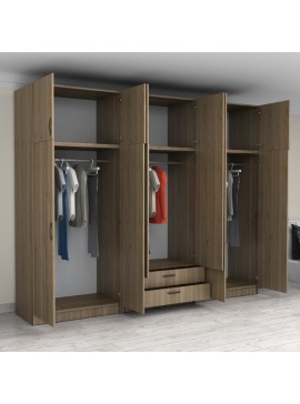 Ντουλάπα ρούχων Victoria Megapap εξάφυλλη με πατάρι και συρτάρια χρώμα καρυδί 300x60x240εκ.