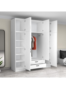 Ντουλάπα ρούχων Victoria Megapap τετράφυλλη με πατάρι και συρτάρια χρώμα λευκό 200x60x240εκ.