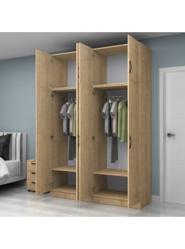 Ντουλάπα ρούχων Vivian Megapap τετράφυλλη με πατάρι χρώμα φυσικό οξιάς 160x51,8x240εκ.