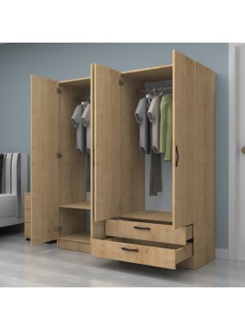 Ντουλάπα ρούχων Vivian Megapap τετράφυλλη με συρτάρια χρώμα φυσικό οξιάς 160x51,8x181εκ.