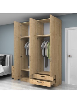 Ντουλάπα ρούχων Vivian Megapap τετράφυλλη με πατάρι και συρτάρια χρώμα φυσικό οξιάς 160x51,8x240εκ.