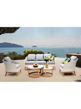 WOODWELL Ε6875IBIZA Set Σαλόνι Κήπου: 3θέσιο +2 Πολυθρόνες+2 Τραπεζάκια ALU Φυσικό-Wicker Άσπρο-Μαξιλ.Γκρι 182x78x79-66x78x79-Φ80-Φ60cm Ε6875