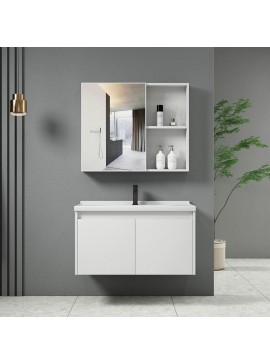 WOODWELL ΕΝ100,1IDEA-1 Set Έπιπλο Κρεμαστό Μπάνιου Άσπρο, Καθρέπτης + Πάγκος με Νιπτήρα και Μπαταρία Up:55x11x60cm Down:60x47x45cm ΕΝ100,1