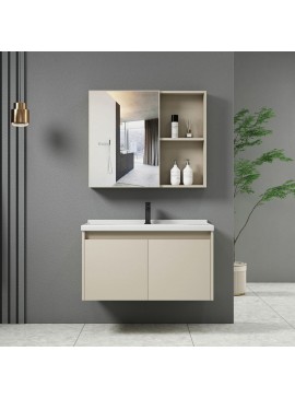 WOODWELL ΕΝ100,2IDEA-1 Set Έπιπλο Κρεμαστό Μπάνιου Cream, Καθρέπτης + Πάγκος με Νιπτήρα και Μπαταρία Up:55x11x60cm Down:60x47x45cm ΕΝ100,2