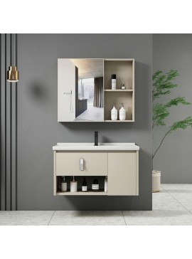 WOODWELL ΕΝ101,2IDEA-2 Set Έπιπλο Κρεμαστό Μπάνιου Cream, Καθρέπτης + Πάγκος με Νιπτήρα και Μπαταρία Up:55x11x60cm Down:60x47x45cm ΕΝ101,2