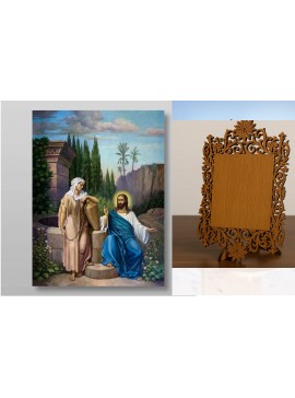 Εικόνα Ορθοδοξίας Δαντέλα μαζι με  Βάση σε  8 χρώματα με περίγραμμα χρυσό σε ξύλο Plywood (Πλακάζ)   με  βάση Ο Χριστός και η Σαμαρείτιδα Χειροποίητη Ελληνορθόδοξη , Κρεμαστή πλάκα βυζαντινής τέχνης, χριστιανική τέχνη Διάσταση 40x30 cm (15,8 x 11,8 ίντσες