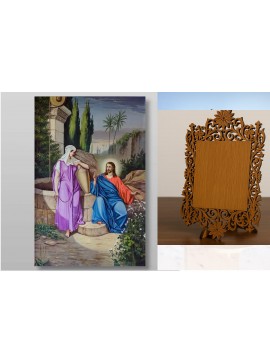 Εικόνα Ορθοδοξίας Δαντέλα μαζι με  Βάση σε  8 χρώματα με περίγραμμα χρυσό σε ξύλο Plywood (Πλακάζ)   με  βάση Ο Χριστός και η Σαμαρείτιδα Χειροποίητη Ελληνορθόδοξη , Κρεμαστή πλάκα βυζαντινής τέχνης, χριστιανική τέχνη Διάσταση 10x7 cm (3,9 x 2,8 ίντσες) I