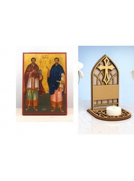 Εικόνα Ορθοδοξίας Καντηλάκι σε  8 χρώματα με περίγραμμα χρυσό σε ξύλο Plywood (Πλακάζ)   με  βάση Άγιοι Άγιοι Ανεργοφόροι Κοσμάς και Δαμιανός, Ξύλινη Χειροποίητη Εικόνα Ελληνικού Βυζαντινού Στυλ Κρεμαστό σε ξύλινη πλάκα Χειροποίητη Ελληνορθόδοξη εικόνα το