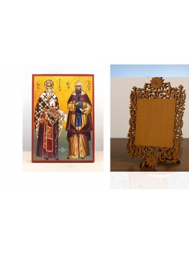 Εικόνα Ορθοδοξίας Δαντέλα μαζι με  Βάση σε  8 χρώματα με περίγραμμα χρυσό σε ξύλο Plywood (Πλακάζ)   με  βάση Άγιοι Κύριλλος και Μεθόδιος, Ξύλινη Χειροποίητη Εικόνα Ελληνικού Βυζαντινού Στυλ Κρεμαστή σε ξύλινη πλάκα Χειροποίητη Ελληνορθόδοξη εικόνα του Ιη