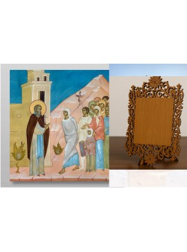 Σετ 2 τεμαχίων – Εικόνα Ορθοδοξίας Δαντέλα μαζι με  Βάση σε  8 χρώματα με περίγραμμα χρυσό σε ξύλο Plywood (Πλακάζ)   με  βάση Ο Αμφιλόχιος θεραπεύει τον άρρωστο Χειροποίητη Ελληνορθόδοξη , Κρεμαστή πλάκα βυζαντινής τέχνης, χριστιανική τέχνη Διάσταση 26x2