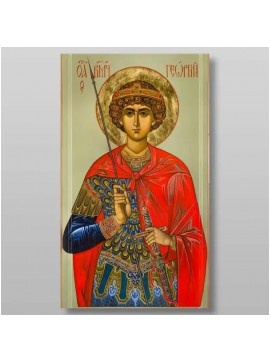 Εικόνα Ορθοδοξίας με περίγραμμα χρυσό σε ξύλο Φλαμουρίας  με  βάση Γεώργιος ο Νικομάχος Μεγαλομάρτυρας, Χειροποίητη Ελληνορθόδοξη , Κρεμαστή πλάκα βυζαντινής τέχνης, χριστιανική τέχνη Διάσταση 10x7 cm (3,9 x 2,8 ίντσες) INTRAEK-7991