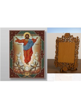 Εικόνα Ορθοδοξίας Δαντέλα μαζι με  Βάση σε  8 χρώματα με περίγραμμα χρυσό σε ξύλο Plywood (Πλακάζ)   με  βάση Η Ανάληψη του Κυρίου μας Ιησού Χριστού, Χειροποίητη Ελληνορθόδοξη , Κρεμαστή πλάκα βυζαντινής τέχνης, χριστιανική τέχνη Διάσταση 10x7 cm (3,9 x 2