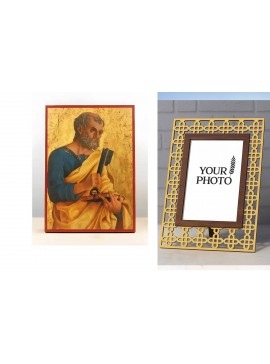 Εικόνα Ορθοδοξίας Πολυτελείας  με  σχεδιο Σταυρούς μαζι με  Βάση σε  8 χρώματα με περίγραμμα χρυσό σε ξύλο Plywood (Πλακάζ)   με  βάση Άγιος Απόστολος Πέτρος κρατώντας τα Κλειδιά του Ουρανού, Ξύλινη Χειροποίητη Εικόνα Ελληνικού Βυζαντινού Στυλ τοίχου Κρεμ