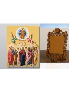 Εικόνα Ορθοδοξίας Δαντέλα μαζι με  Βάση σε  8 χρώματα με περίγραμμα χρυσό σε ξύλο Plywood (Πλακάζ)   με  βάση Η Ανάληψη του Κυρίου μας Ιησού Χριστού, Χειροποίητη Ελληνορθόδοξη , Κρεμαστή πλάκα βυζαντινής τέχνης, χριστιανική τέχνη Διάσταση 10x7 cm (3,9 x 2